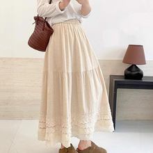 日系森女系 秋装新品复古蕾丝松紧腰拼接棉麻半身裙女A字裙百搭