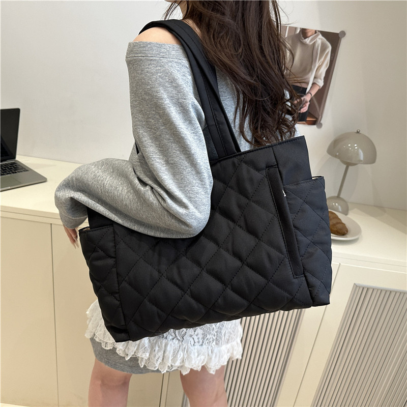 韩系ins棉服包包女2025新款菱格大容量手提托特包通勤购物单肩包|undefined