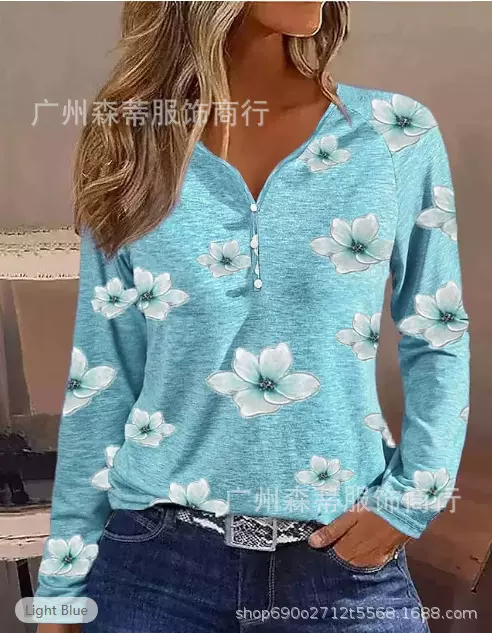 欧美跨境亚马逊独立站外贸爆款休闲V领宽松印花长袖新款T恤女士