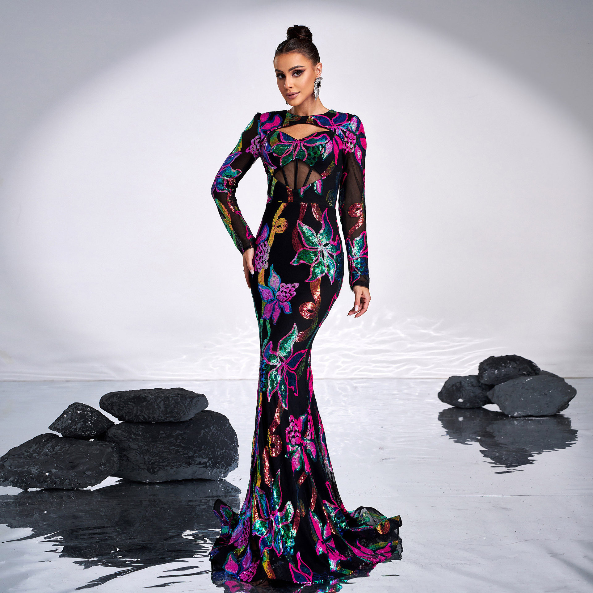 Cross Border European And American Long Sleeved Round Neck Sexy Hollow Long Sequined Banquet Fishtail Evening Dress Bridesmaid Dress Dress Women_ecoleips.com
