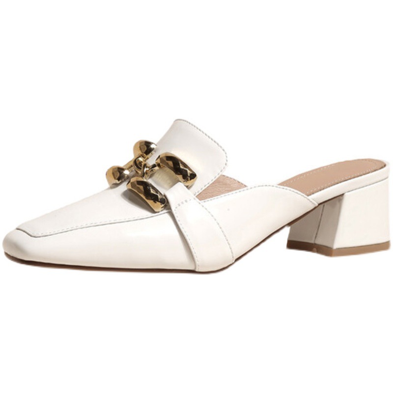 Baotou half-slippers for women summer new style temperament patent leather versatile medium heel thick heel square toe Mule sandal slippers_voghion.com