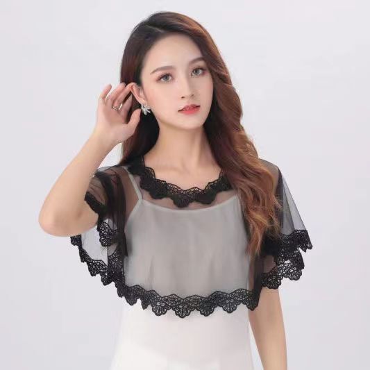 2024 Summer Pullover Black Lace Shawl New Top with Small Shawl and Skirt Fashionable Loose Thin Style 2024 Summer Pullover Black Lace Shawl New Top with Small Shawl and Skirt Fashionable Loose Thin Style