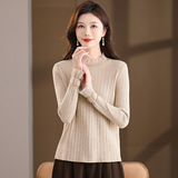 时尚大码长袖衫2025冬装新款胖MM减龄木耳边半高领蕾丝弹力打底衫，女装针织衫/毛衣，妃慕昵服饰