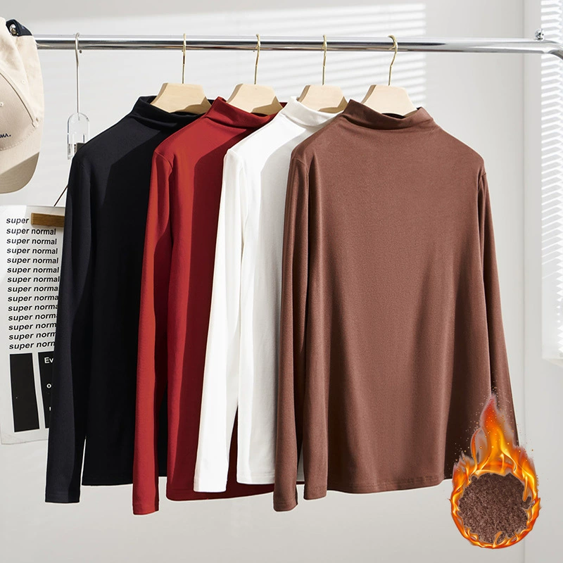 Осенне-зимняя новая женская одежда больших размеров с круглыми девушками, Повседневная футболка с высоким воротником большого размера на флисовой подкладке, Базовая рубашка S5243