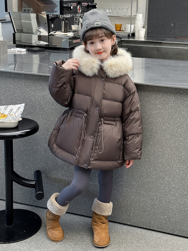 子供用冬用綿入りコート、厚くて暖かい、無地、大きなファー襟のダウンコート、女の子用、防寒冬服、トレンディ|undefined