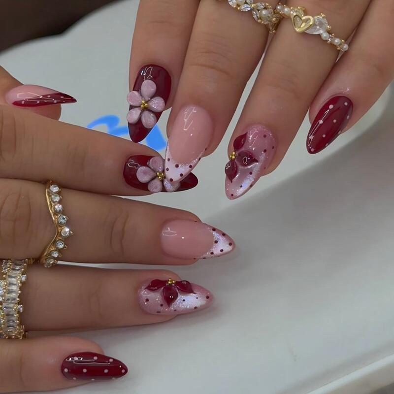 New foreign trade nail art: French wine-red 3D carved press-on nails with polka dot cat-eye design, detachable finished nail tips New foreign trade nail art: French wine-red 3D carved press-on nails with polka dot cat-eye design, detachable finished nail tips