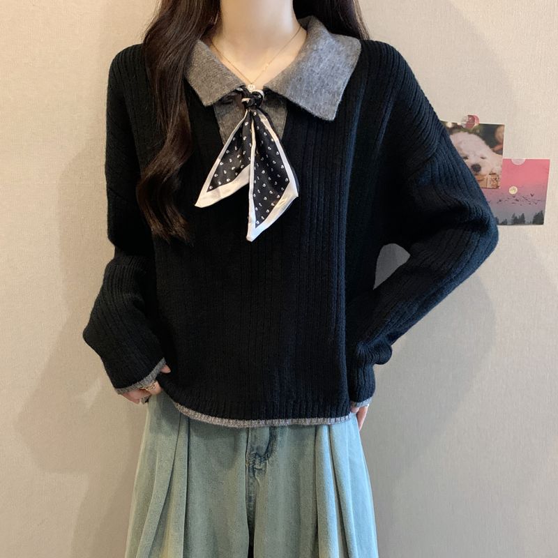Plus-Size Women's Autumn and Winter New Style Turn-Down Collar Loose Long-Sleeve Knit Sweater for Women, Stylish Casual Top That Hides the Belly