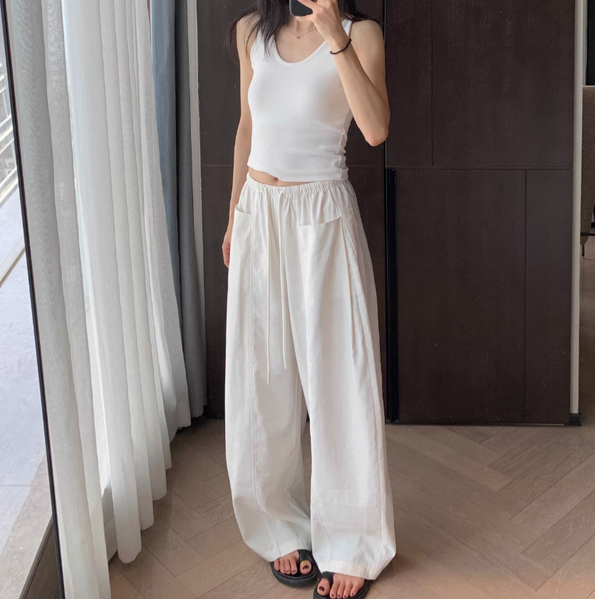 Quần culottes nữ ống rộng cạp thun dây rút vải linen mùa hè — màu đen, màu trắng ngà chi tiết 3