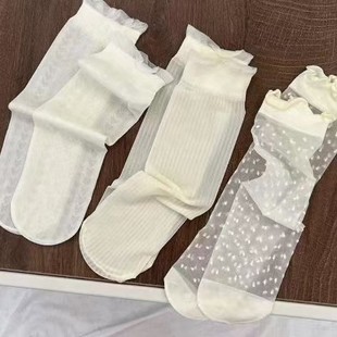 White Lace Ruffle Trim Stacked Socks for Women, Spring and Summer Ice Silk Short Socks, Heelless, Breathable, Lightweight