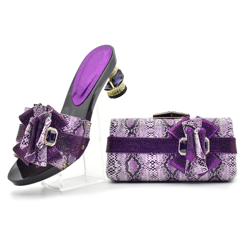 Cross-border Foreign Trade Nigeria High-heeled Shoes Women Bow Decoration Rhinestone Slippers Snake Pattern Shoe Bag suit