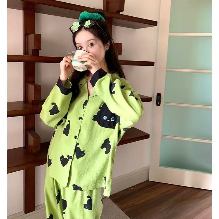 New Hot-Selling Cute Cat Pajamas for Women Spring and Autumn Cloud Cotton Long-Sleeved Pants Suit That Can Be Worn Outside Home Clothes