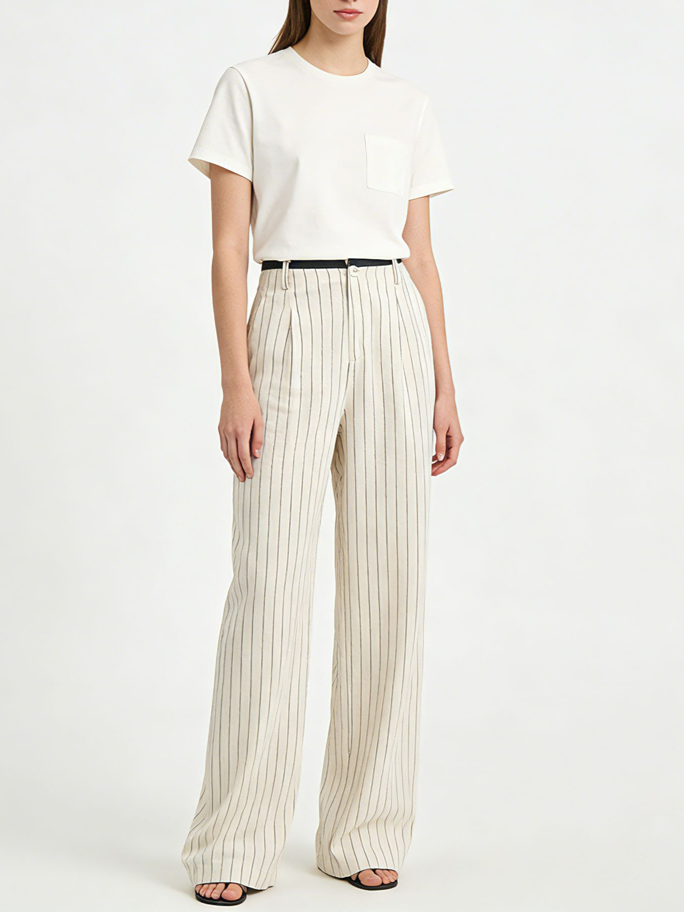 Quần culottes nữ ống rộng vải lanh sọc dọc, cạp cao phối màu, dáng suông thoáng mát — Vải gai sọc