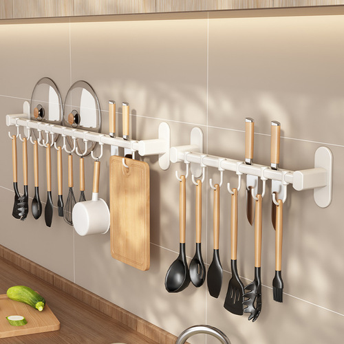 White kitchen hook space aluminum wall-mounted pot spatula pot lid knife holder row hook storage rack free punch hanging rod