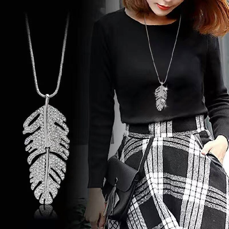 Koreau0027s new flash diamond feather long style sweater chain necklace jewelry pendant wholesale