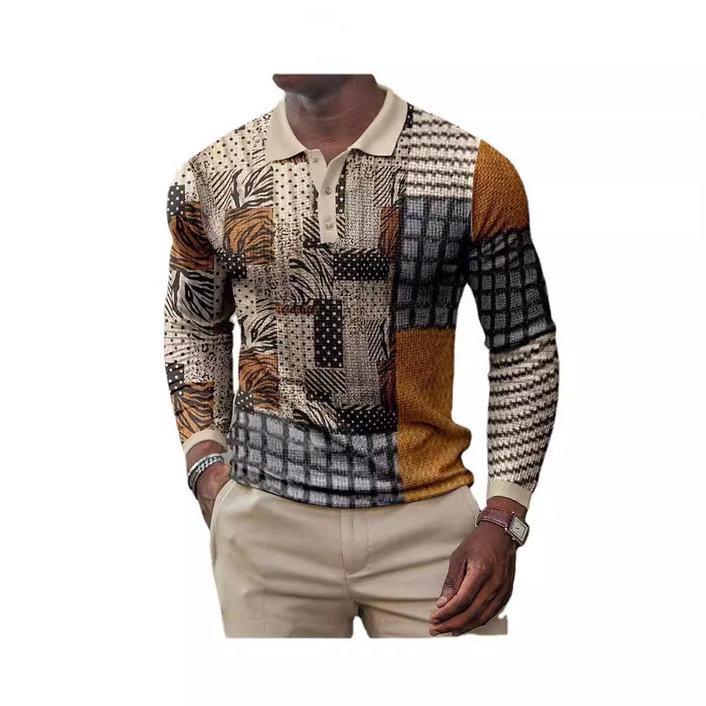 Comercio exterior transfronterizo primavera nuevos hombres Europa y América impresión 3D casual retro manga larga polo hombre Paul camisa