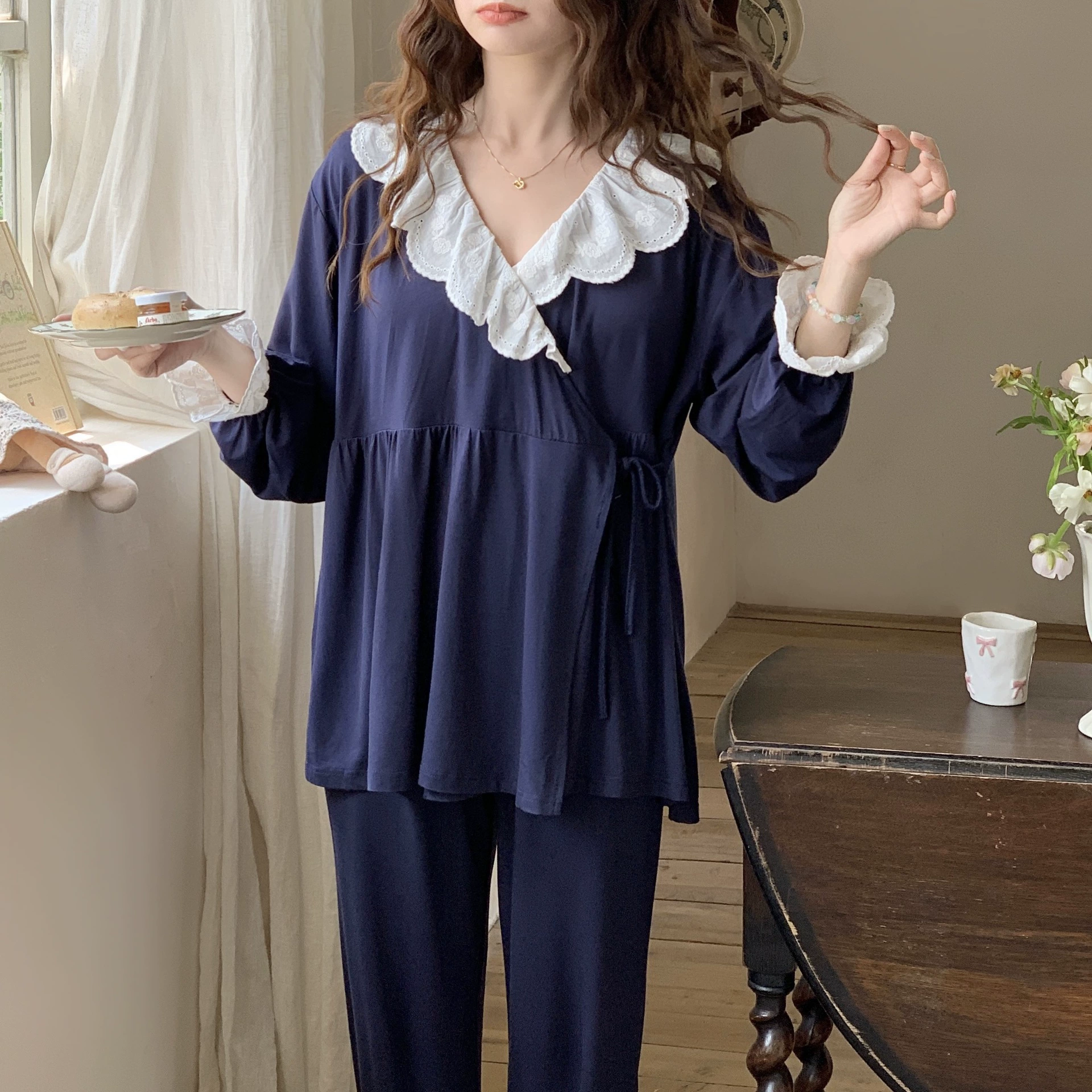 [6332] Беременные женщины пижамы с длинными рукавами, набор домашней одежды для кормления весной и летом