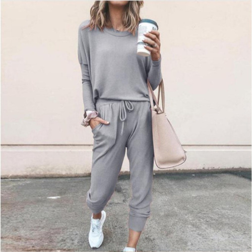 Pure color loose casual suit for women 2024 foreign trade spring and autumn new style round collar long-sleeved harem pants two-piece set