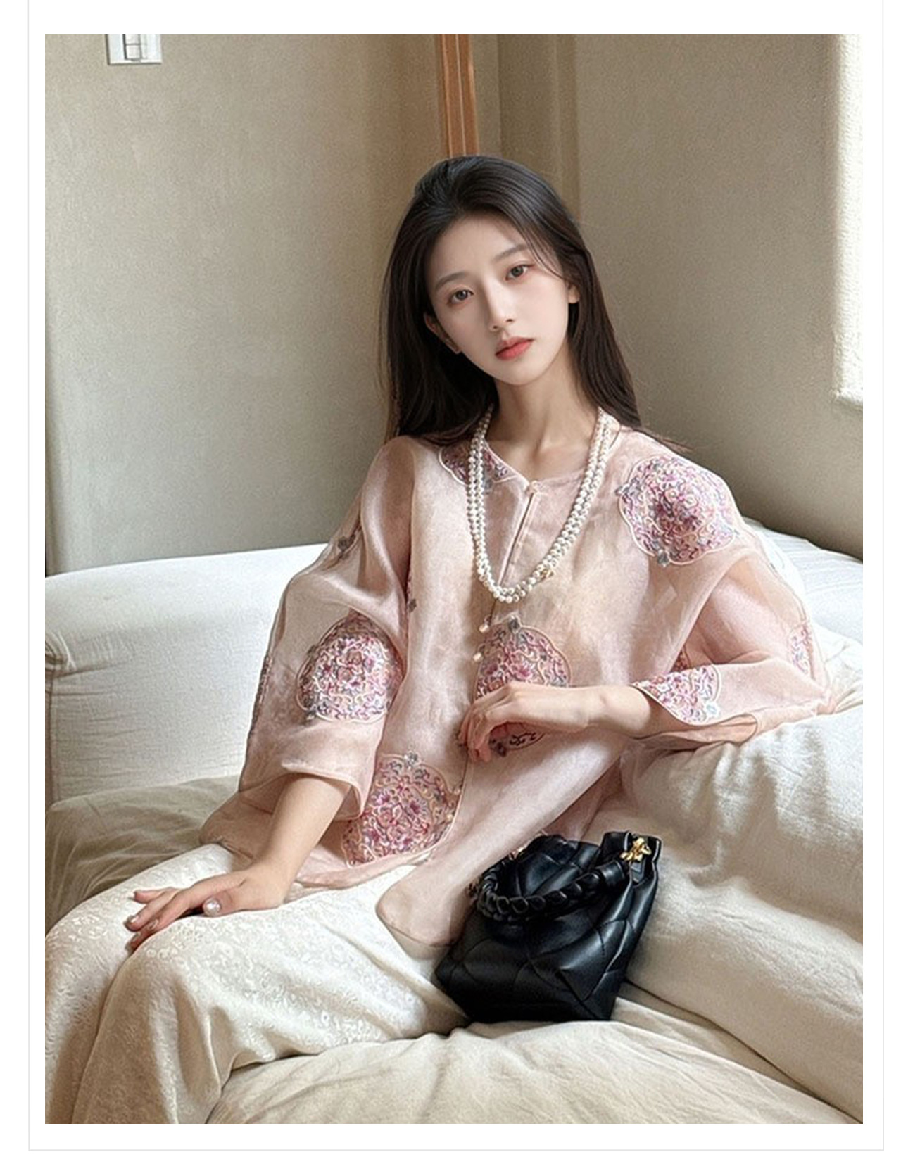 Áo sơ mi lụa tơ tằm dáng rộng phong cách Trung Quốc mới, thiết kế cao cấp mỏng mùa hè M6032 — Màu hồng chi tiết 3