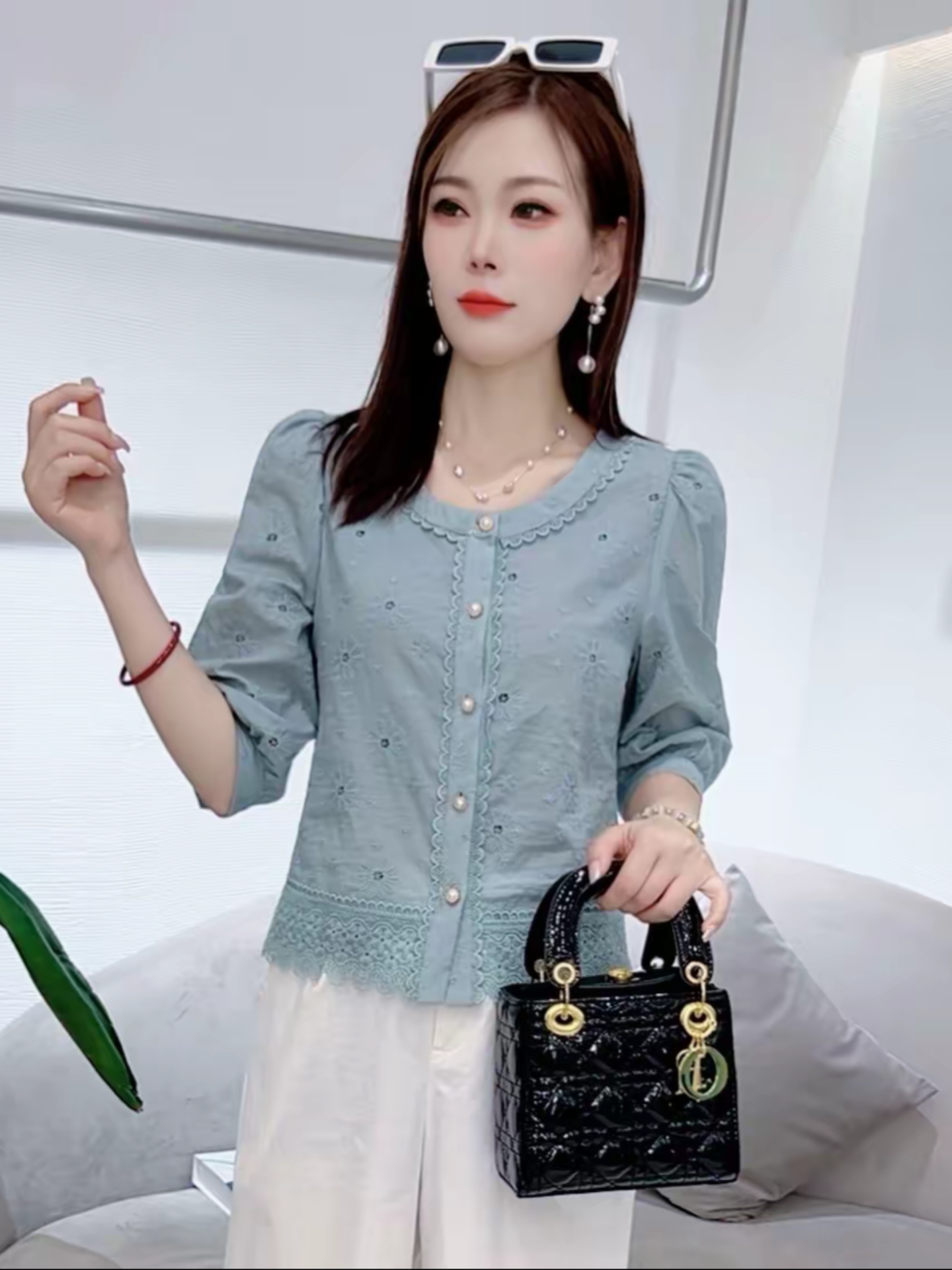 韩版时尚蕾丝边刺绣衬衫女秋季新款洋气外贸提花小衫遮肉中袖上衣|undefined