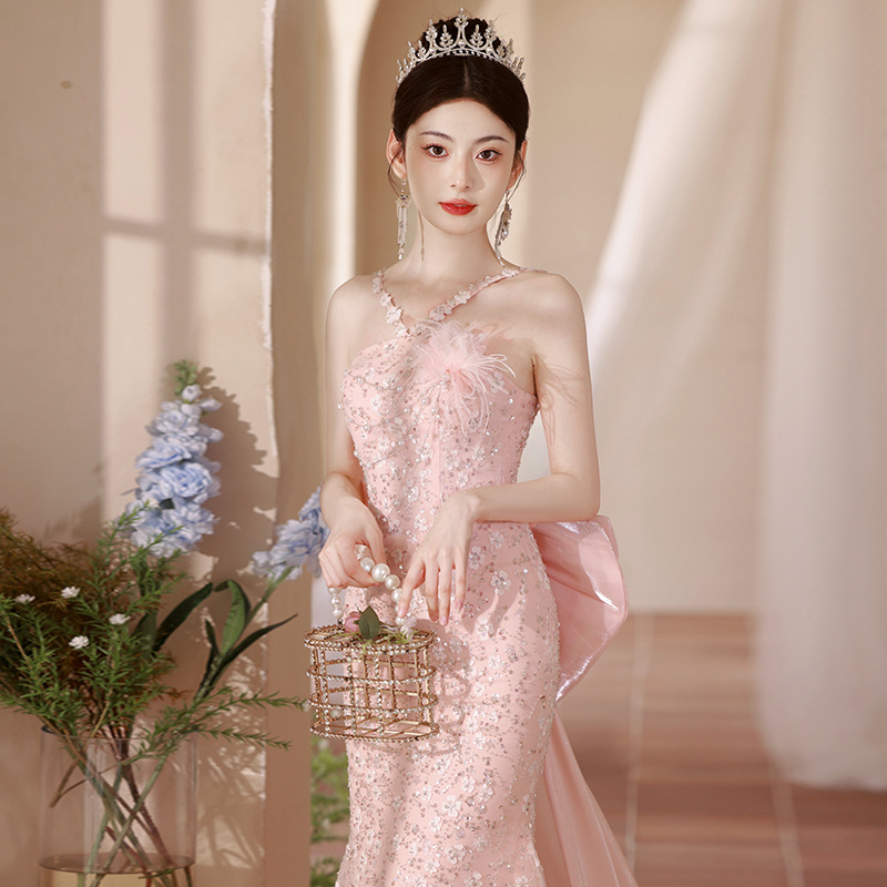 Vestido de noche elegante rosa con cuello halter, estilo sirena, para novia, compromiso, brindis, cumpleaños, verano image 3