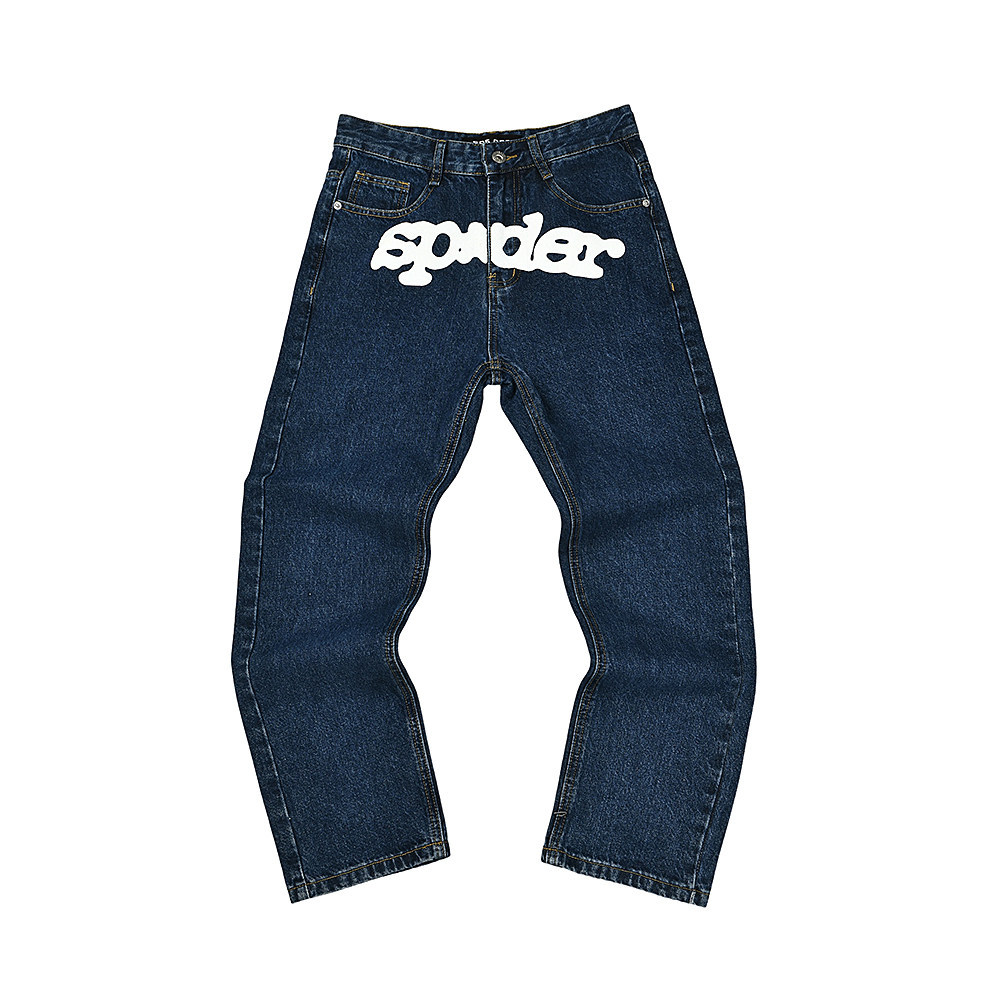 Sp5der American retro street hip-hop letter-print jeans, slim-fit straight-leg casual long pants for men and women, trendy style