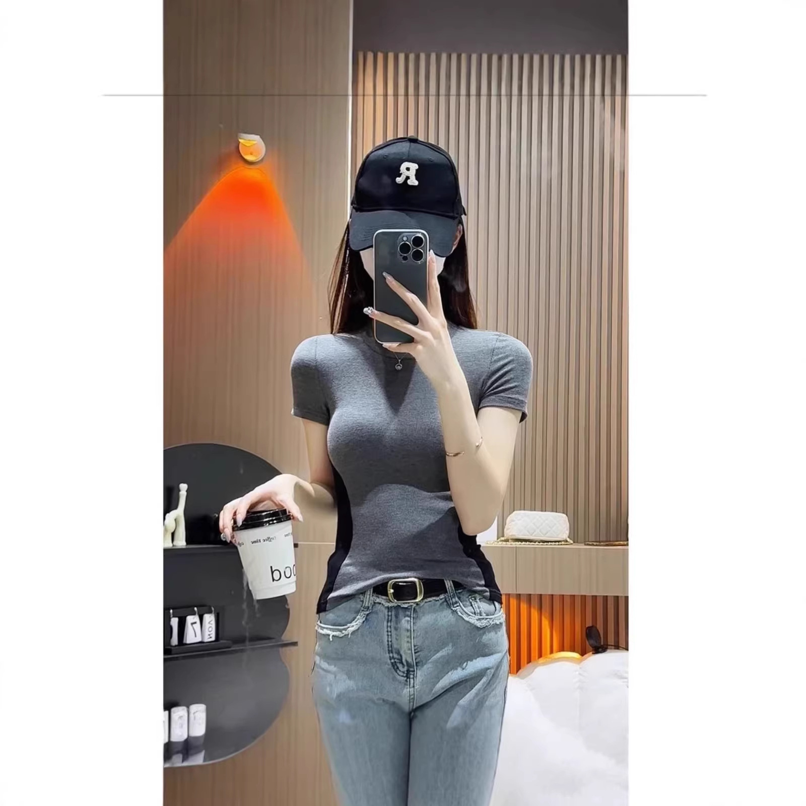 American-Style Short-Sleeve Summer T-Shirt with Regular Shoulders and Half-High Collar, New Color-Blocking Retro Spicy Girl Slim-Fit Patchwork Top Ins