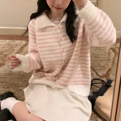 韩系复古多巴胺条纹毛衣开衫女秋冬新款宽松翻领拼色慵懒针织外套