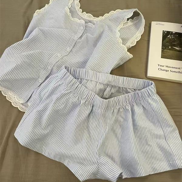 おしゃれなシンプルスタイルのストライプパジャマ、女性用夏用サスペンダーショーツ、ホームウェアとしても着用可能、ツーピース美少女スーツ