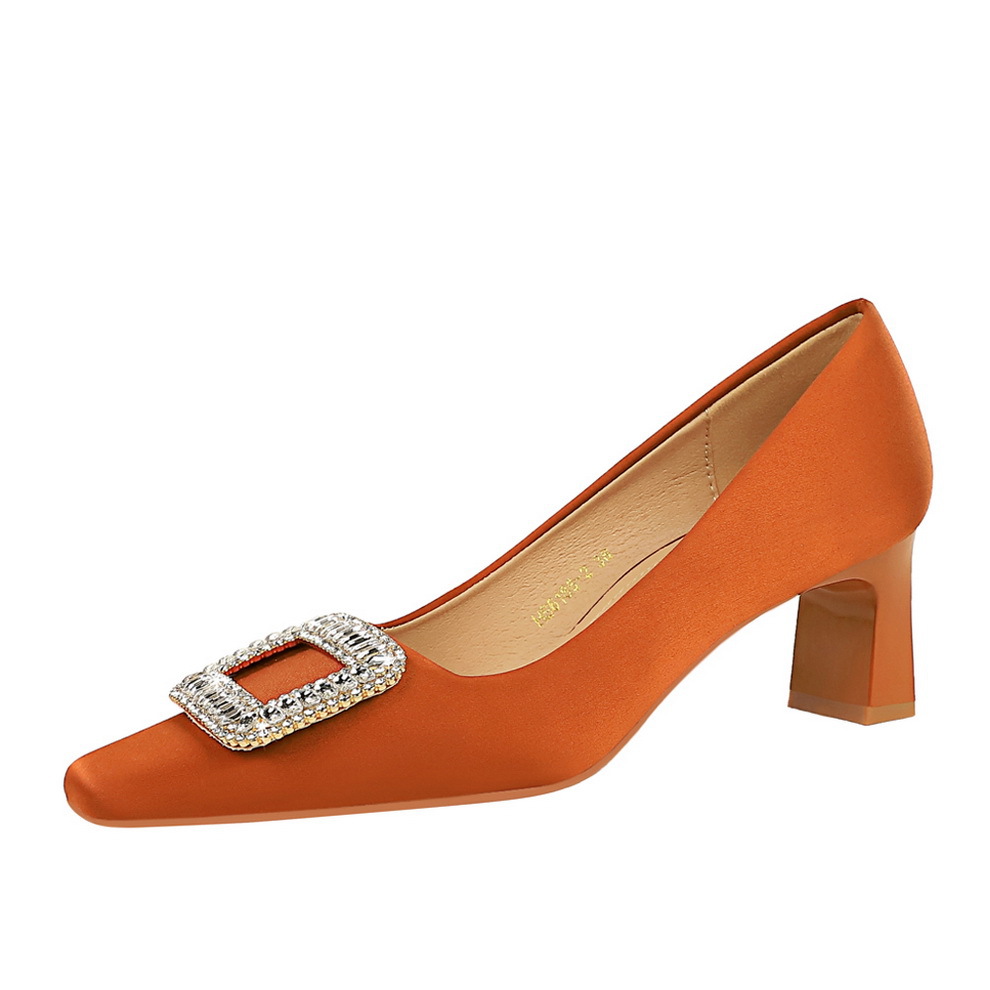 6186-K32 European and American style banquet women's shoes, comfortable thick heels, high heels, shallow cut square head silk, metal rhinestone buckle single shoes