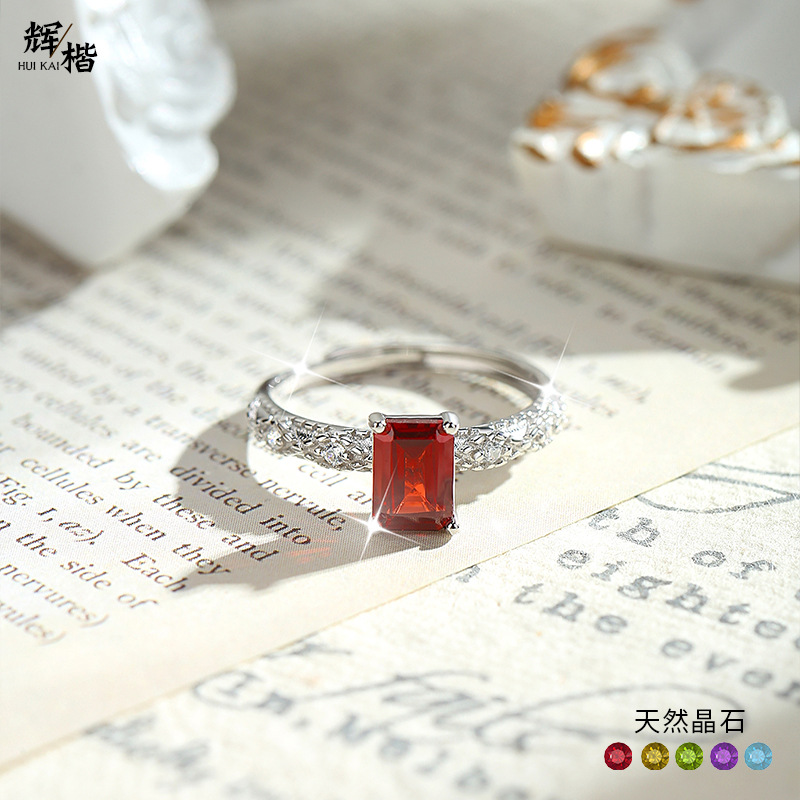 Crystal Ring for Women, 5.7 Rectangular Beveled Natural Stone Ring, 925 Sterling Silver, Light Luxury, High-End Feel, Hand Jewelry, Exclusively for Cross-Border Sales