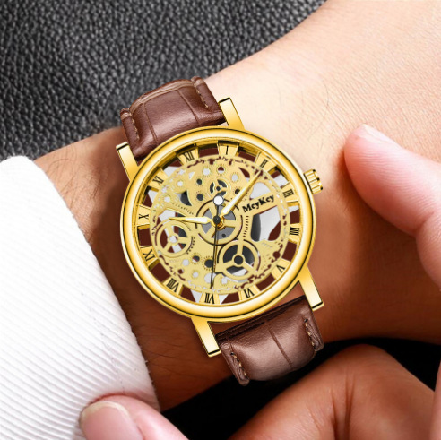 Men's Hollow Out Mechanical Watch With Leather Strap For Daily Wear_voghion.com