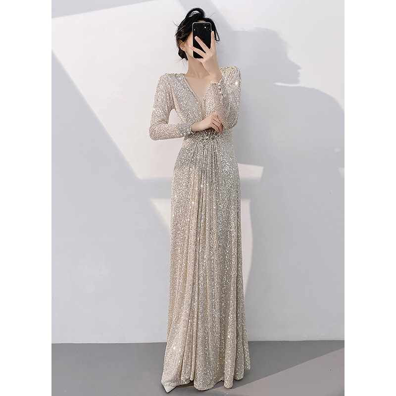Silver Evening Gown New Style Long Sleeve Slim Fit Luxurious Sequins For Annual Meeting Host Art Exam Women's Party Wear_ecoleips.com