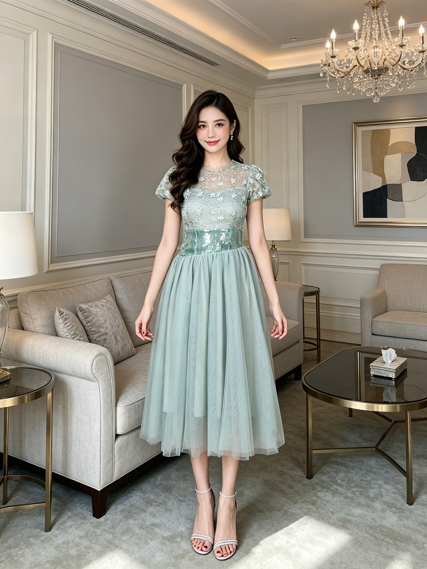 Đầm nữ cổ tròn ren phối thắt lưng dáng suông midi — Đậu xanh