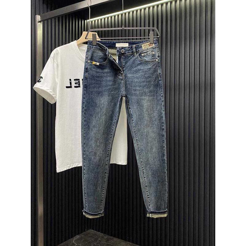 Men's Jeans Spring and Summer New Personalized Embroidered Logo Simple Versatile Slim Fit Korean Style Trendy Cropped Pants