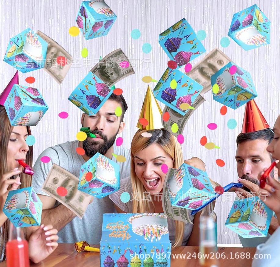 블루 케이크 HAPPY BIRTHDAY; 바운스 박스 10개 + 선물 상자 + 선물 가방