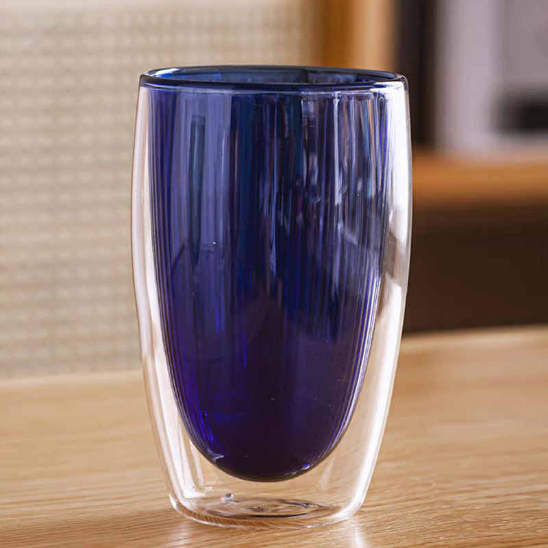 Colorido de doble capa Taza de borosilicato a rayas taza de vidrio transparente taza de agua desayuno bebida jugo Taza de leche taza de café