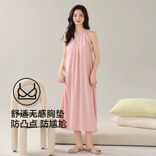 带胸垫睡裙女夏季云朵棉凉感中长款吊带睡衣2026新款可外穿家居服