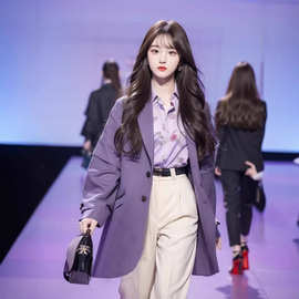 D2463高级感轻熟风套装职业通勤紫色西装外套衬衫裤子两件套