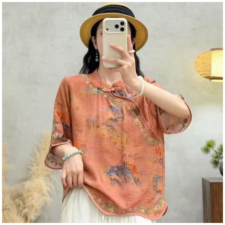 Vintage Embroidered Loose Summer Printed Chinese Style Shirt 2026 New Summer Model with Buttoned Diagonal Collar for Women