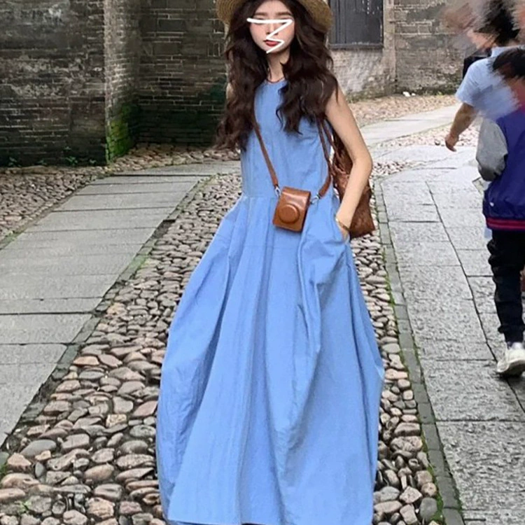 Синее платье-жилет без рукавов для женщин, летний новый стиль, морской отдых, супер красивая длинная юбка во французском стиле