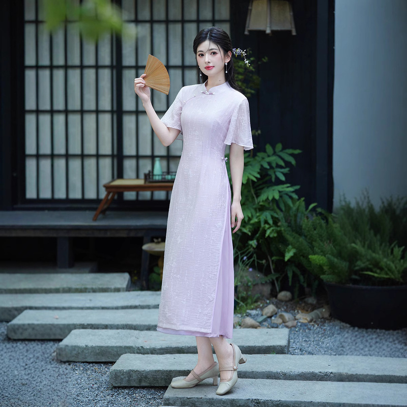 New Ao Dai Cheongsam Double Layer Purple Improved Cheongsam Dress
