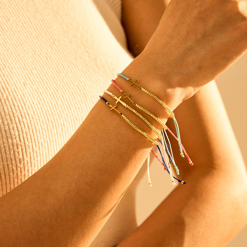 European and American simple cute fashion rice beads hand woven friendship rope stainless steel cross small bracelet women wholesale