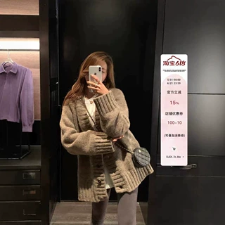 欧货秋冬粗线V领羊毛针织开衫女长袖显瘦羊绒毛衣宽松外套
