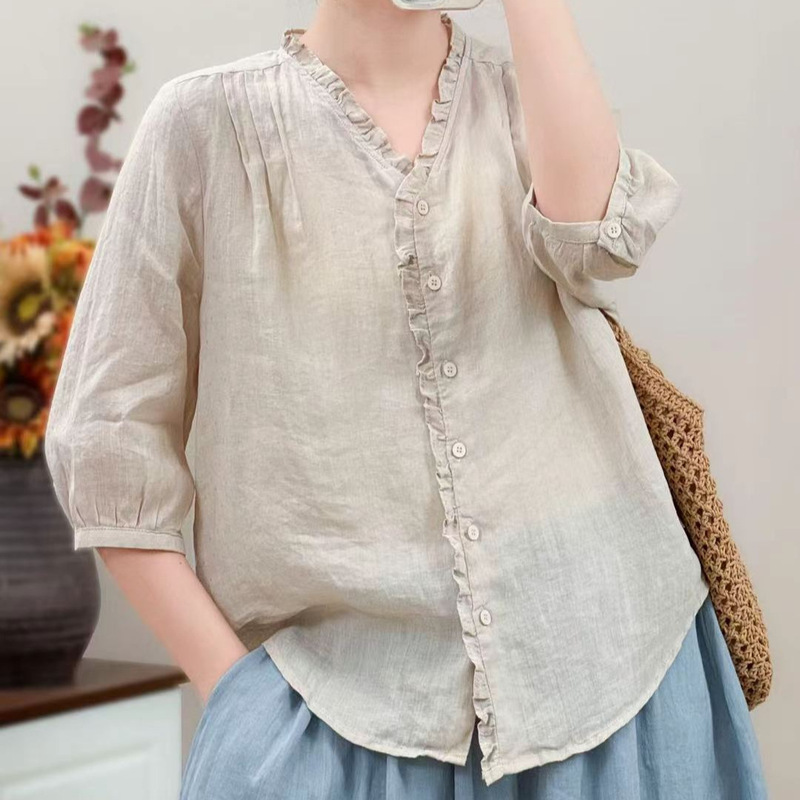 Solid Color Ramie Shirt 2026 Summer New Vintage Loose V-Neck Cardigan Mid-Sleeve Top Women's Lace Collar Solid Color Ramie Shirt 2026 Summer New Vintage Loose V-Neck Cardigan Mid-Sleeve Top Women's Lace Collar