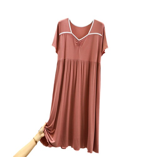 Summer Modal Short-Sleeve Dress Plus Size A-Line V-Neck Medium-Length Pleated Skirt Loose and Slimming Thin Dress