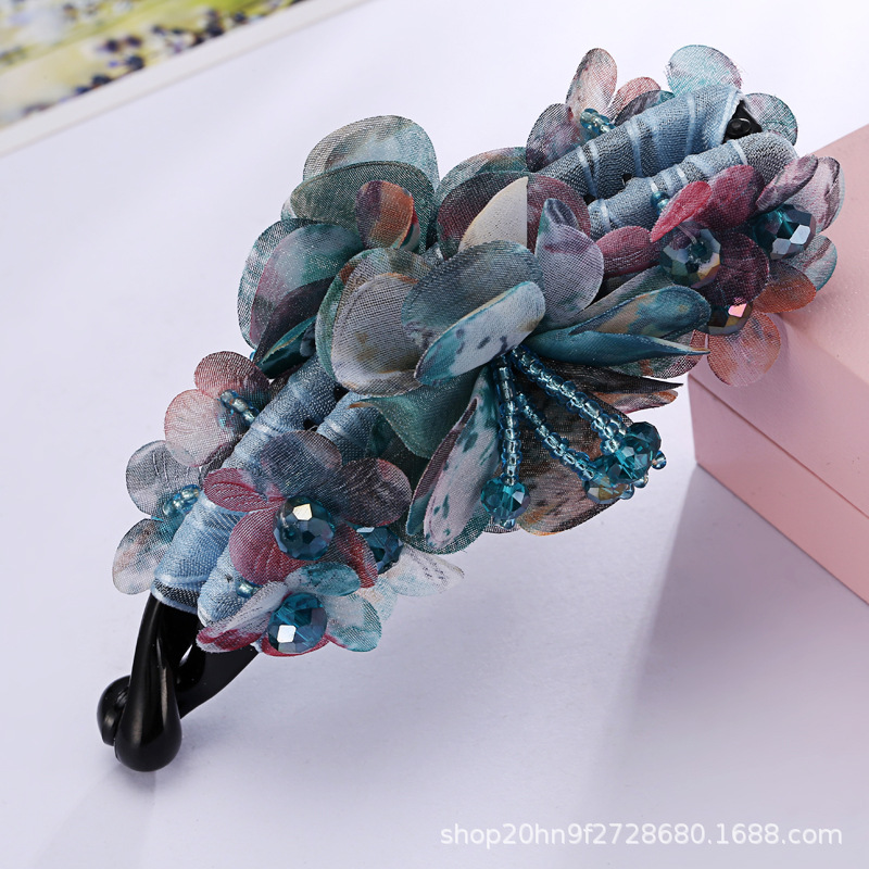 韓国の花の縦のクリップのカチューシャの大きいサイズのバナナは馬尾を挟んで布芸の手作りの水晶を挟みます。