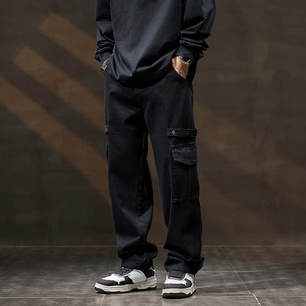Cargo Jeans High Street Black Functional Style Cargo Pants Multi-pocket Straight Leg Casual Pants Men_viptrois.com