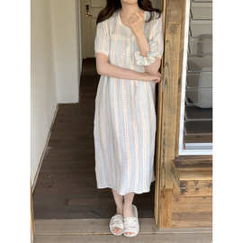 外贸批发2026夏季韩系田园小碎花双层棉纱家居服睡裙连衣裙带发圈