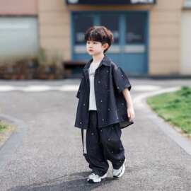 男童夏装短袖牛仔衬衣套装2026新款儿童韩版潮流夏款男孩时髦衣服