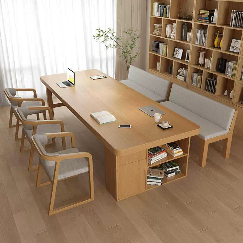 客厅实木大书桌书柜一体书房写字桌家用学习桌子办公桌工作台会议
